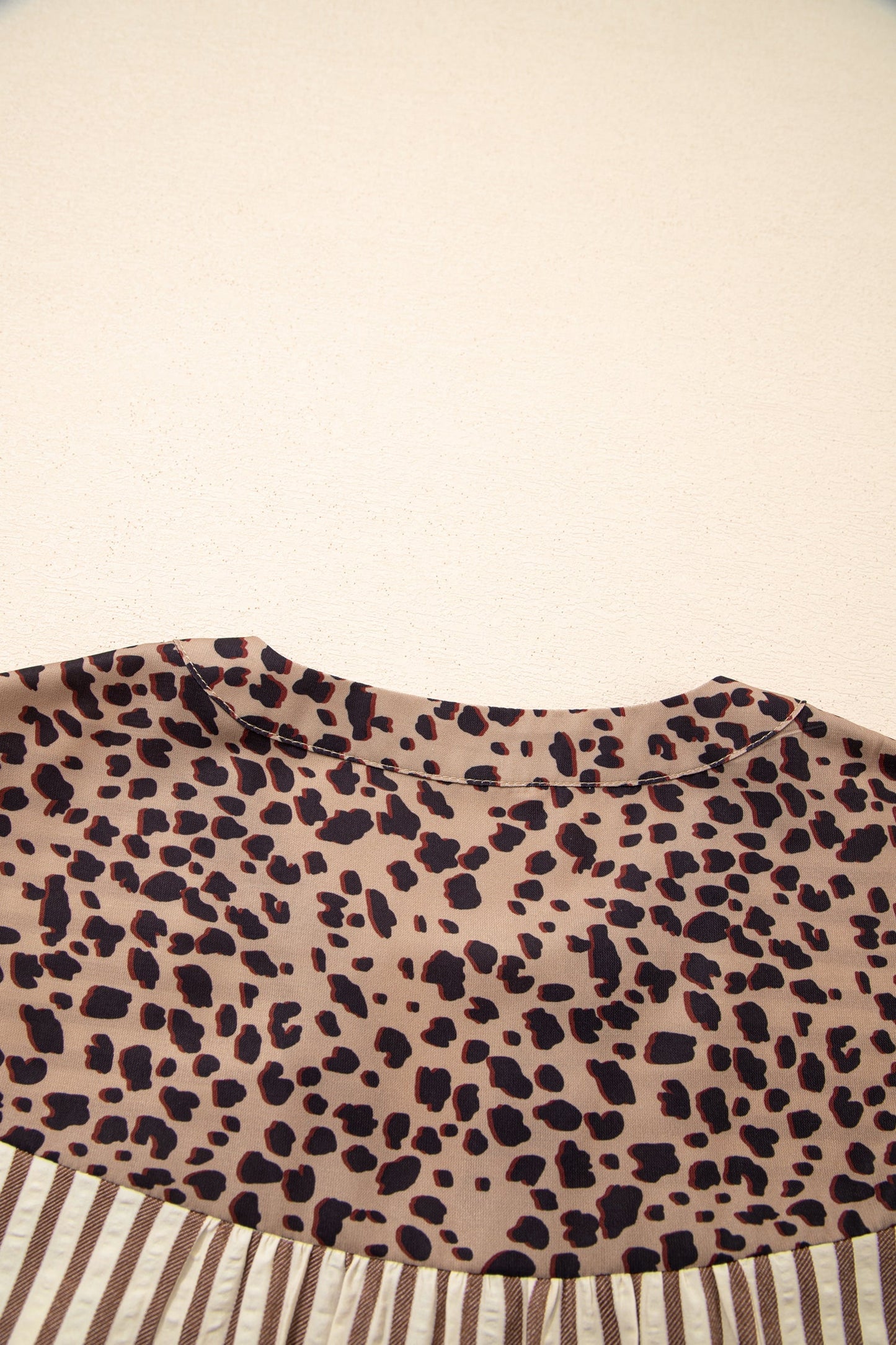 Khaki Stripe Square Button Leopard Trim Loose Bracelet Sleeve Shirt Dress