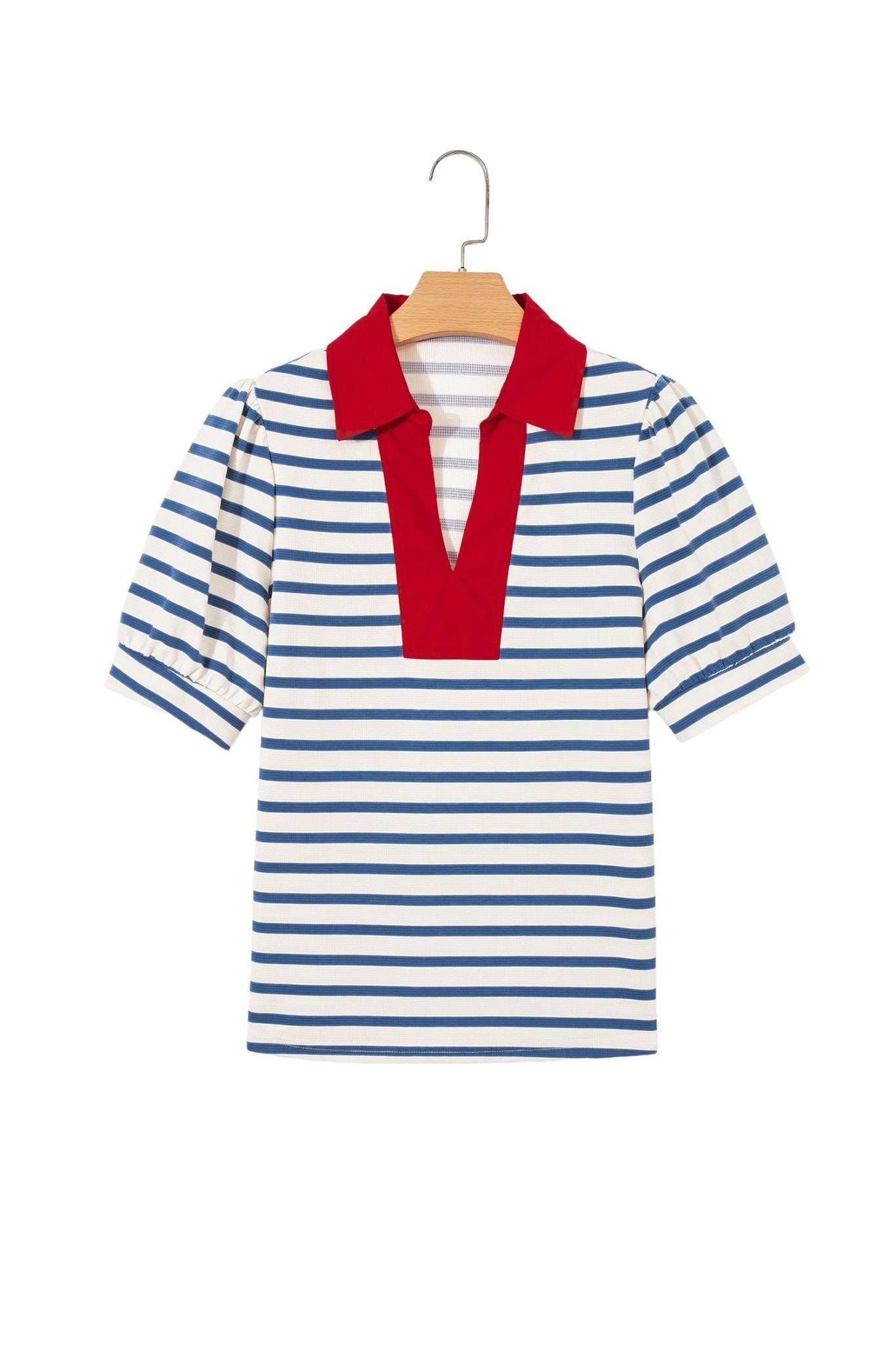 Blue Stripe Short Puff Sleeve Color Block Polo Collar Blouse - Loving It Shop