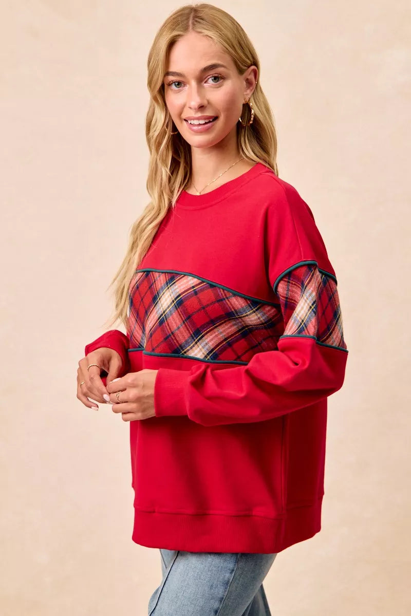 I am a Fashion Junky Christmas Theme Plaid Block Sweatshirt with Binding