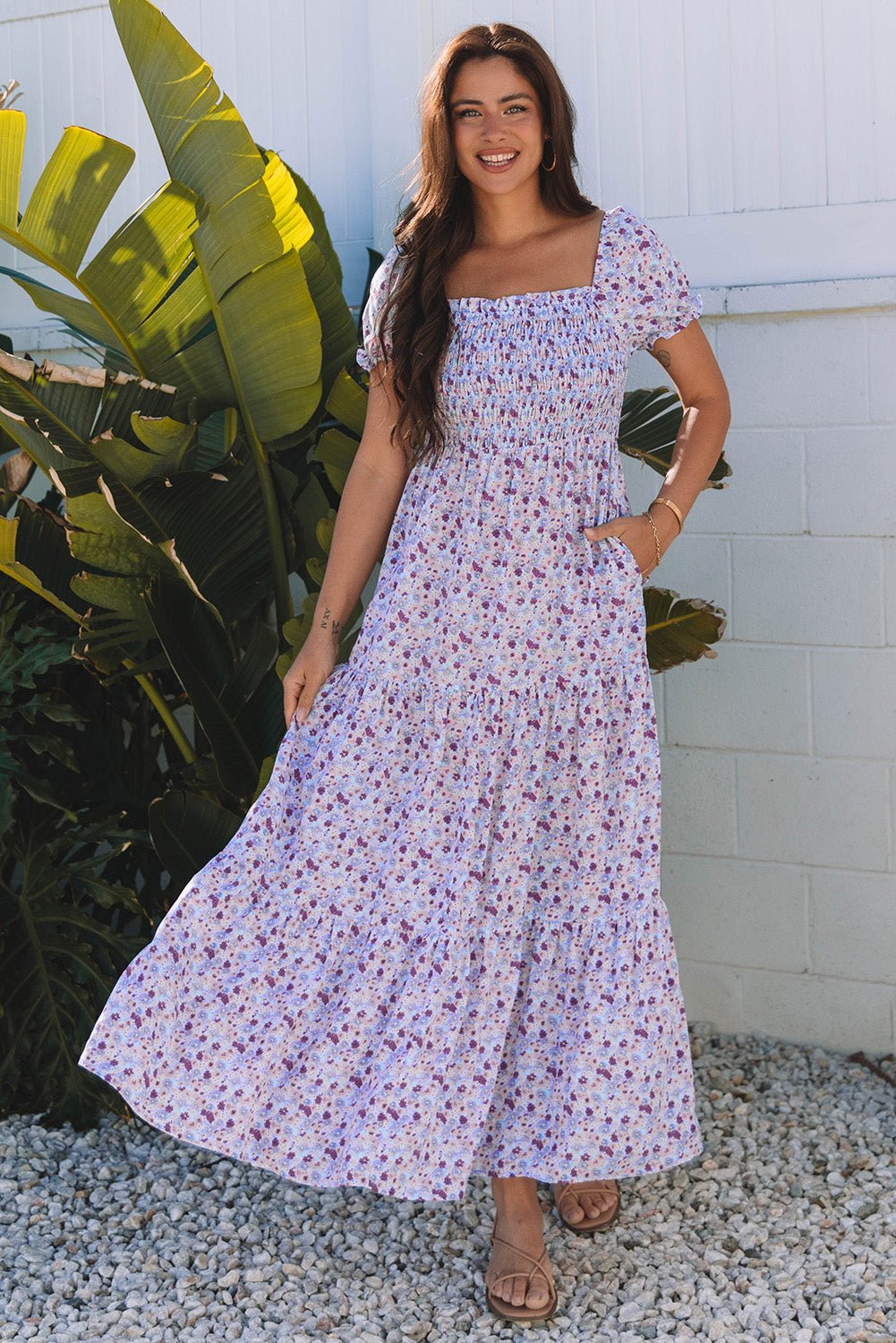 Purple Floral Short Bubble Sleeve Shirred High Waist Maxi Dress - Loving It Shop