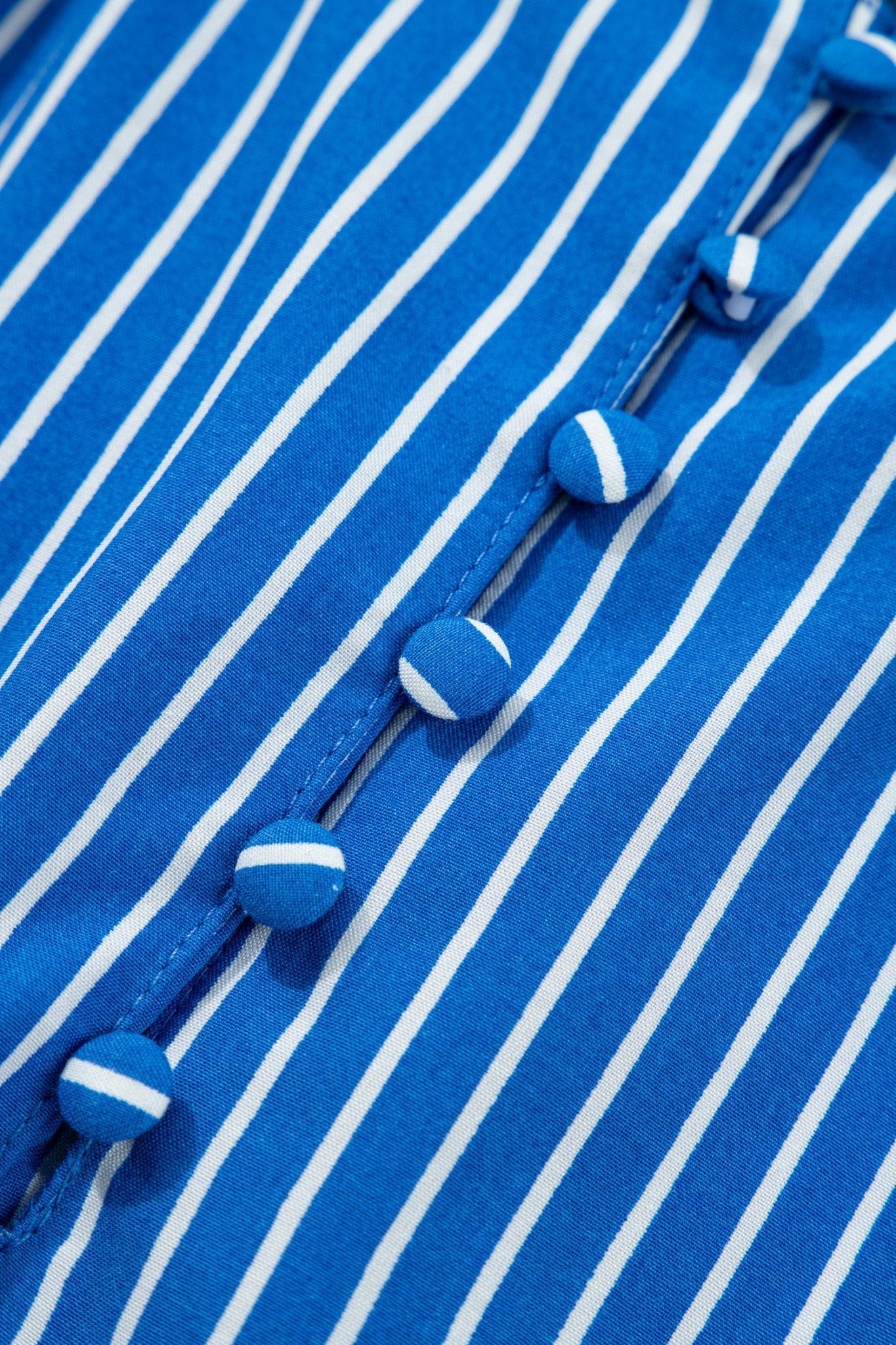 Blue Stripe Ruffled Short Puff Sleeve Button Front Blouse - Loving It Shop
