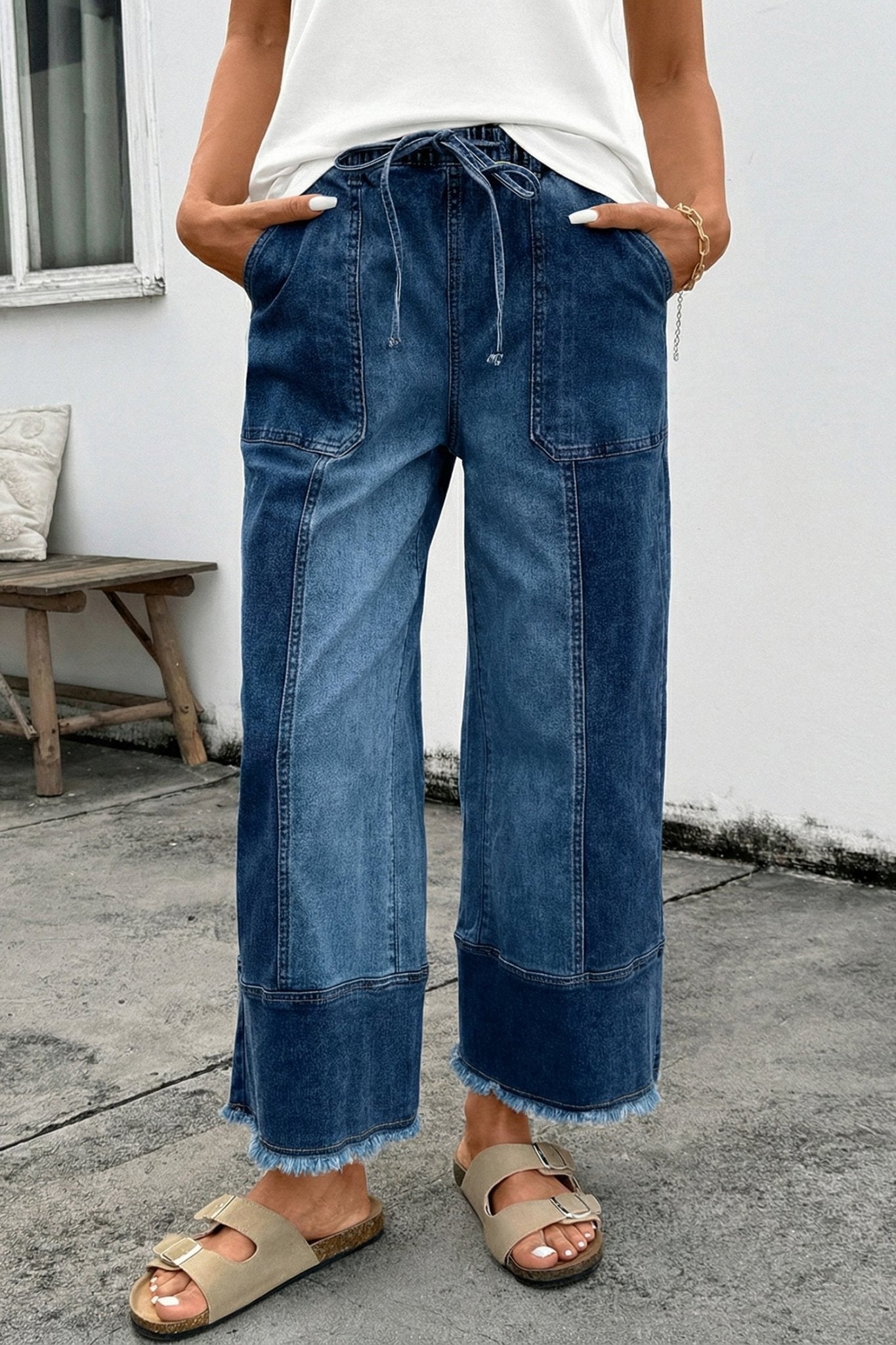 Prussian Blue Drawstring Seam Detail Raw Hem Wide Leg Denim Pants - Loving It Shop