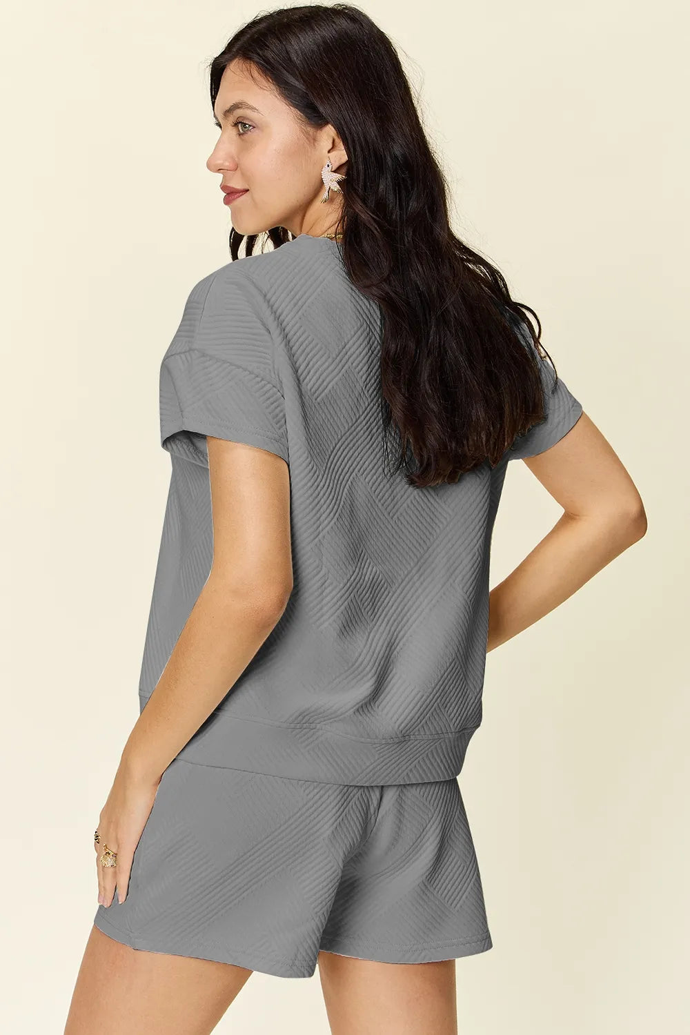I am a Fashion Junky Full Size Texture Short Sleeve T-Shirt and Drawstring Shorts Set