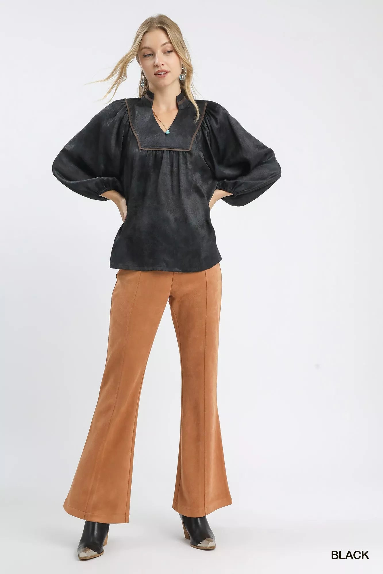 Crinkle Brocade Long Sleeve Blouse