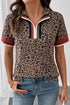 Brown Leopard Jacquard Striped Patchwork Half Zip Short Sleeve Blouse - Loving It Shop