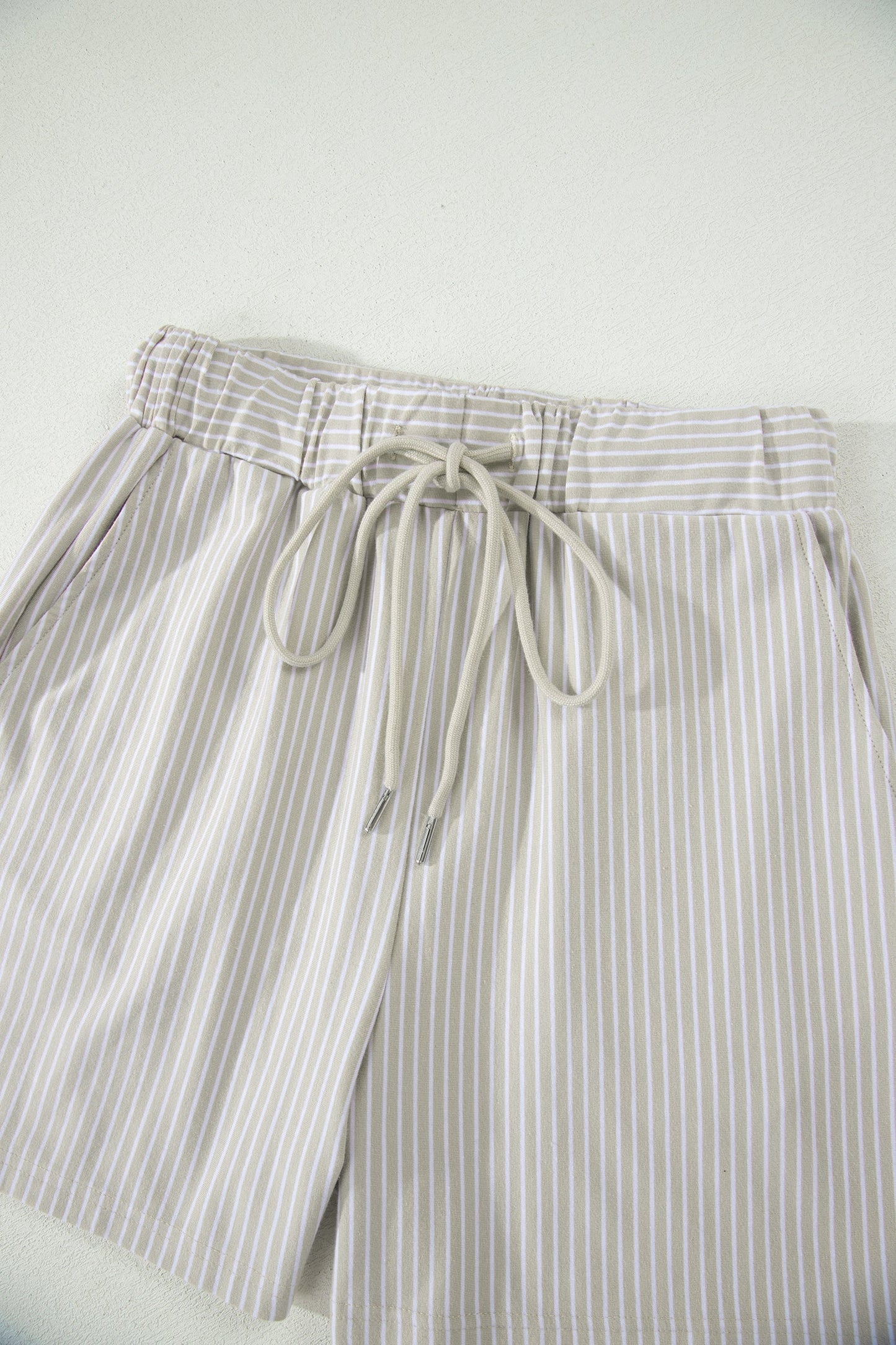Khaki Stripe Dolman Sleeve Polo Shirt and Drawstring Shorts Set