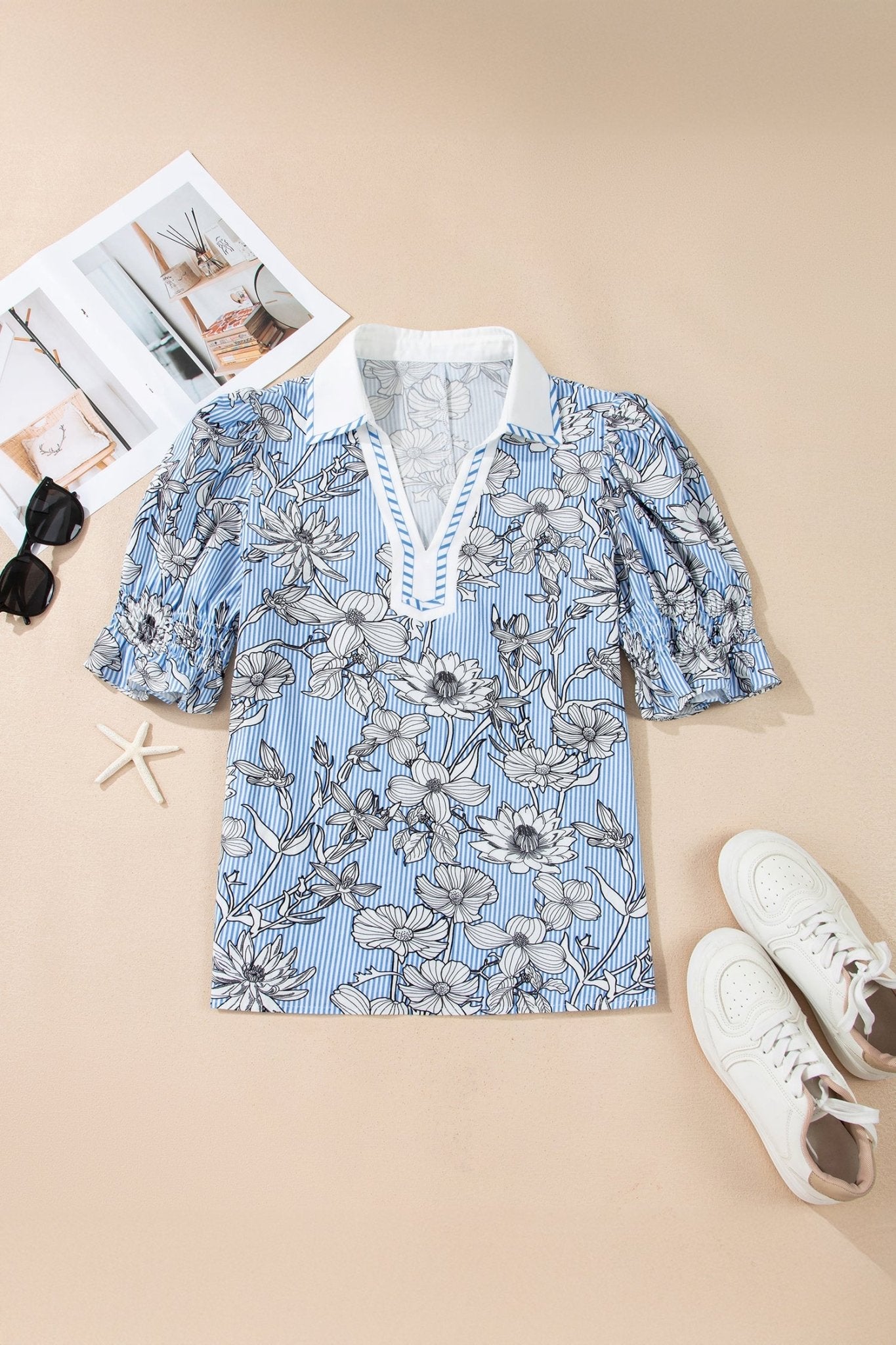 Sky Blue Floral Striped Printed Polo Collar Short Sleeve Blouse - Loving It Shop