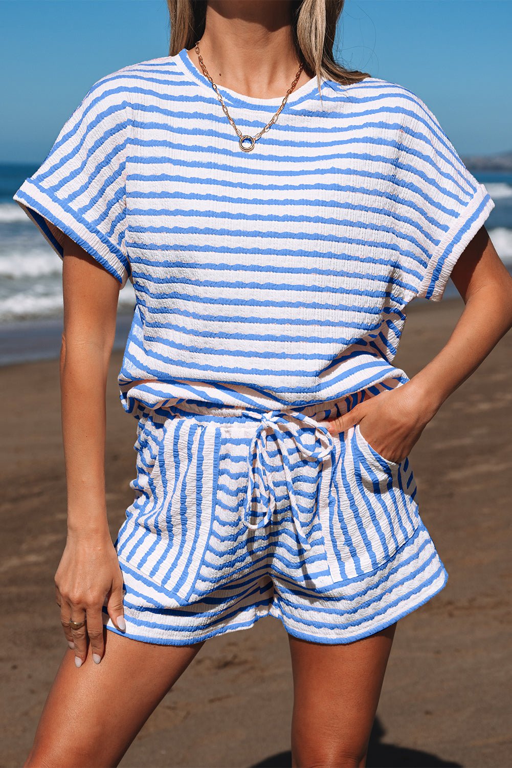 Sky Blue Stripe Knitted Short Sleeve Top and Drawstring Shorts Set - Loving It Shop