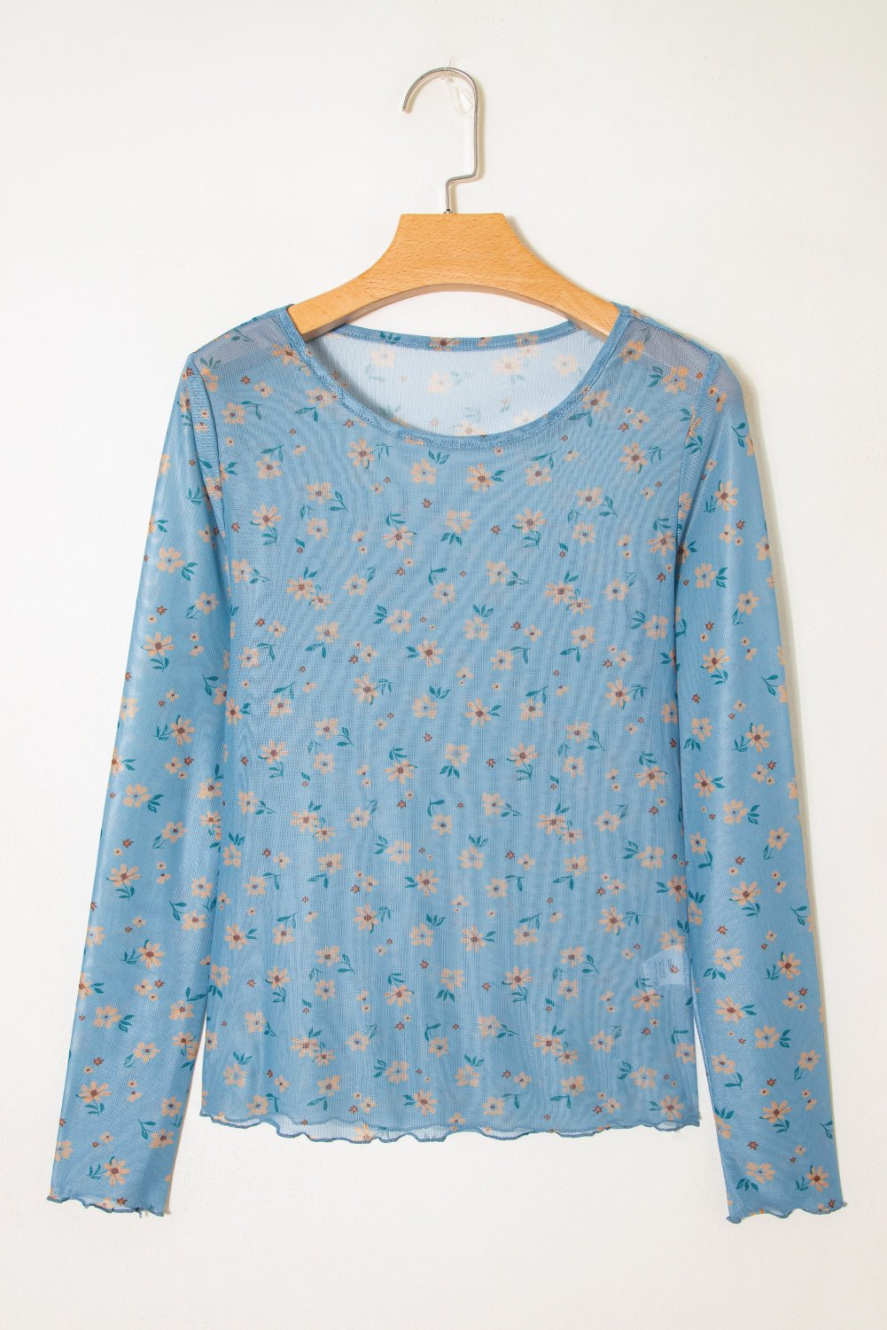 Sky Blue Vintage Floral Print Southern Style Mesh Long Sleeve Top - Loving It Shop