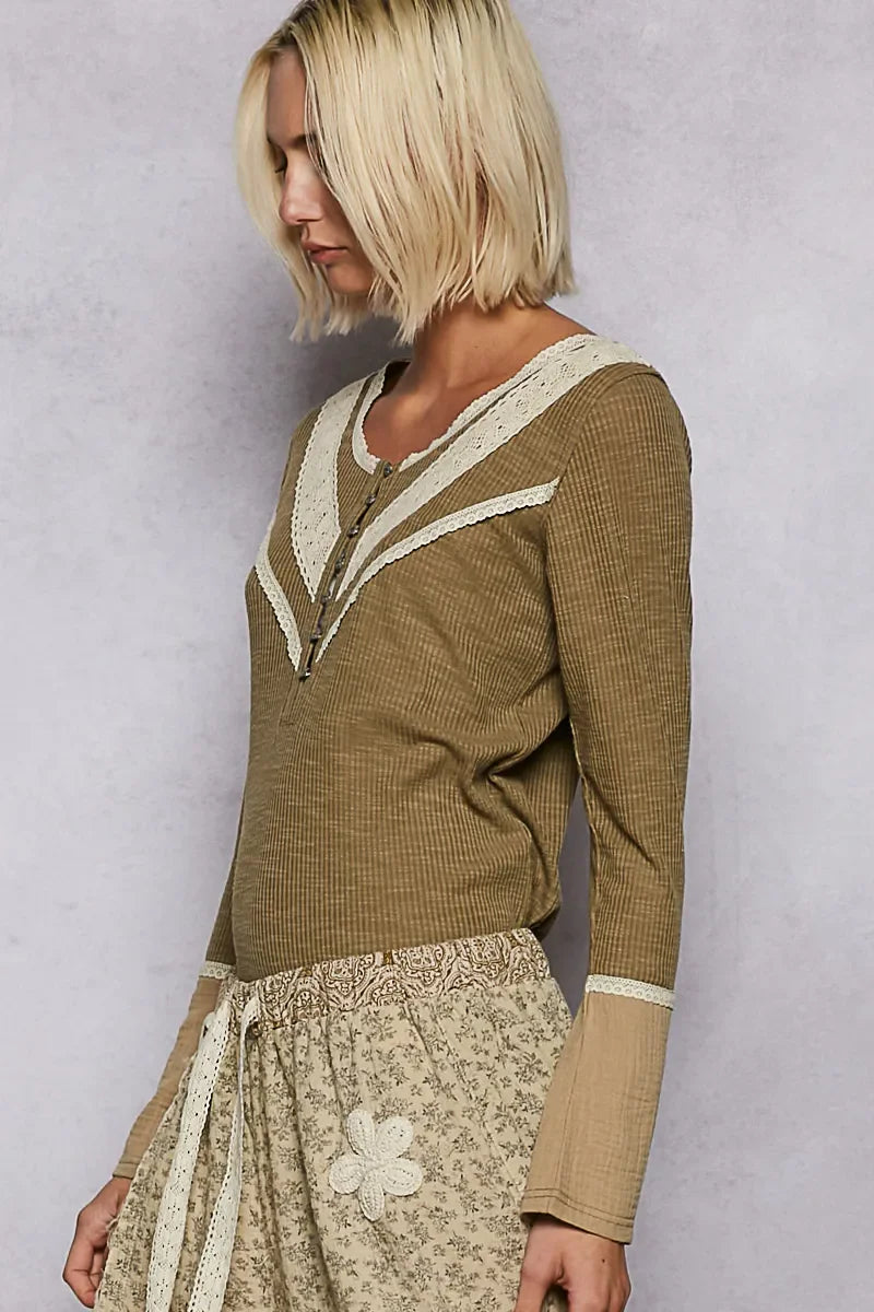 Ribbed Half Button Lace Detail Knit Top