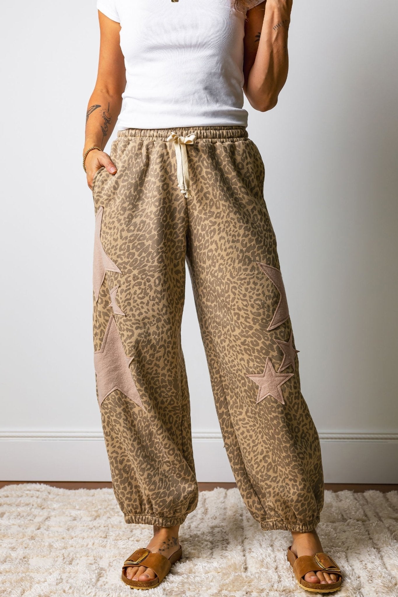 Khaki Leopard Print Star Patched Drawstring Elastic Waist Jogger Pants - Loving It Shop