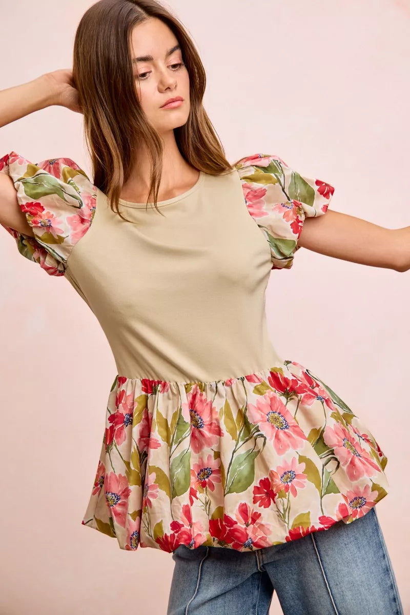 Floral Printed Bubble Sleeves and Hem Peplum Top