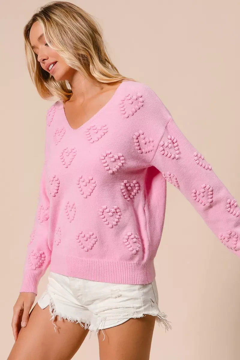 Valentines Heart Pompom V Neck Knit Top