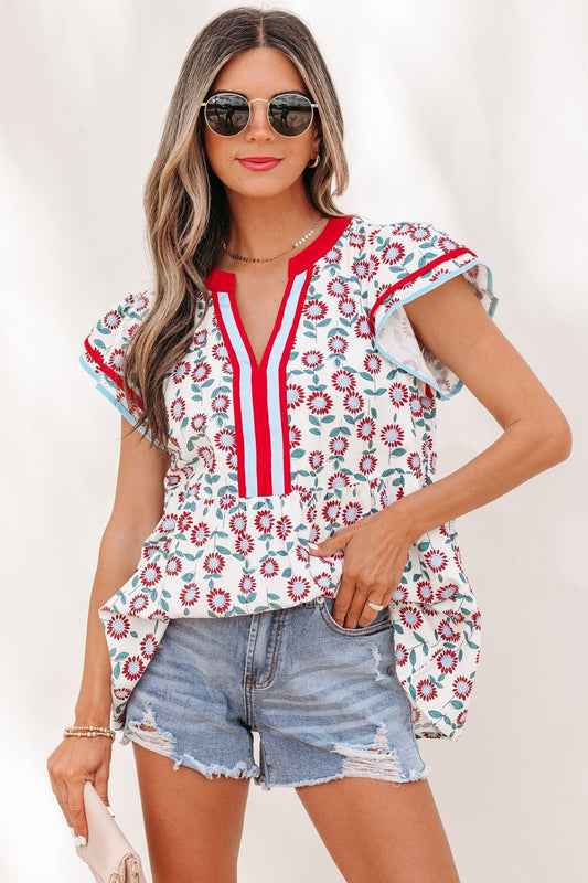 Red Sunflower Printed Contrast Trim V Neck Flutter Sleeve Blouse - Loving It Shop