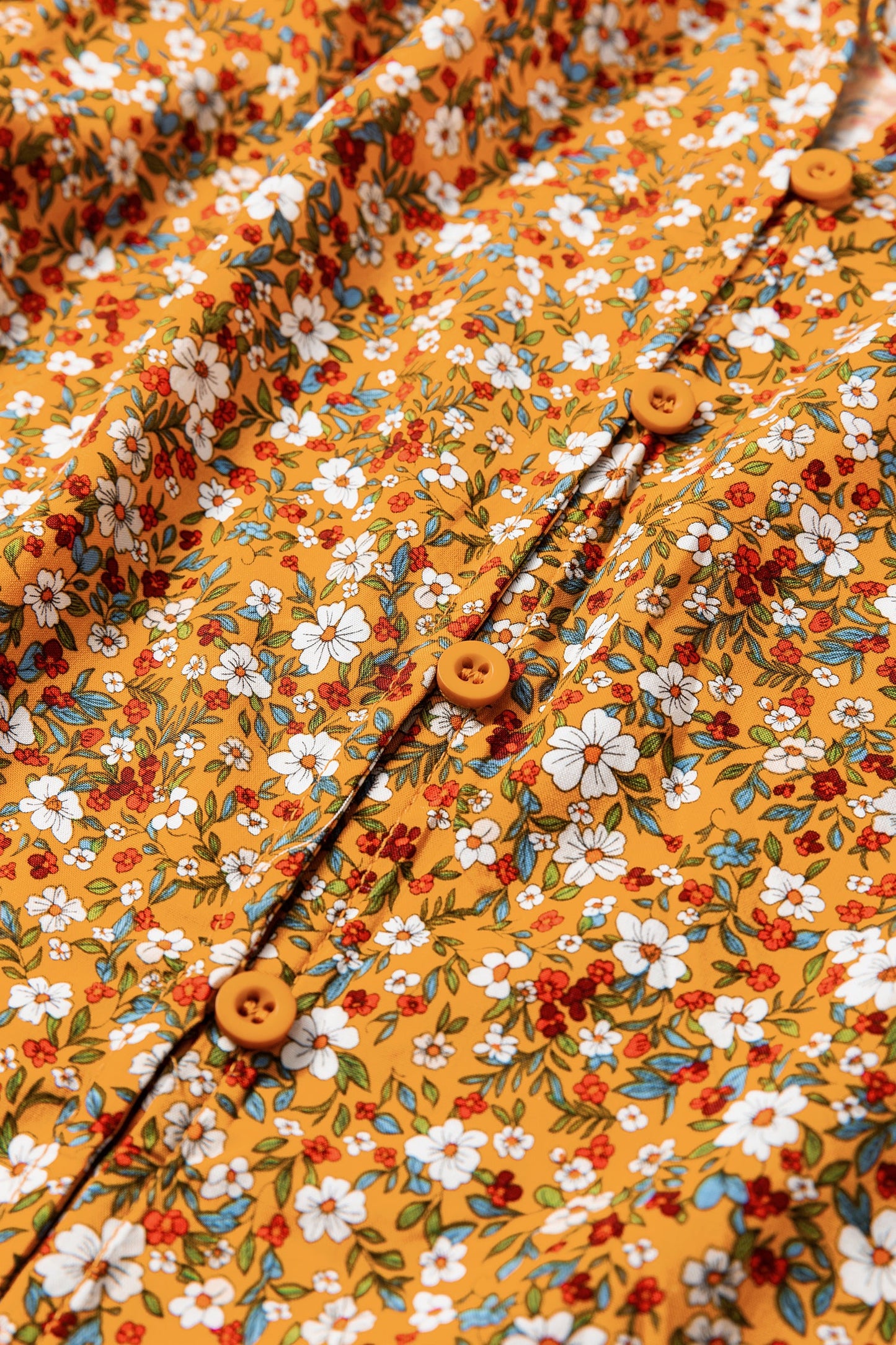 Orange Boho Floral Ruffled Bubble Sleeve V Neck Fall Blouse