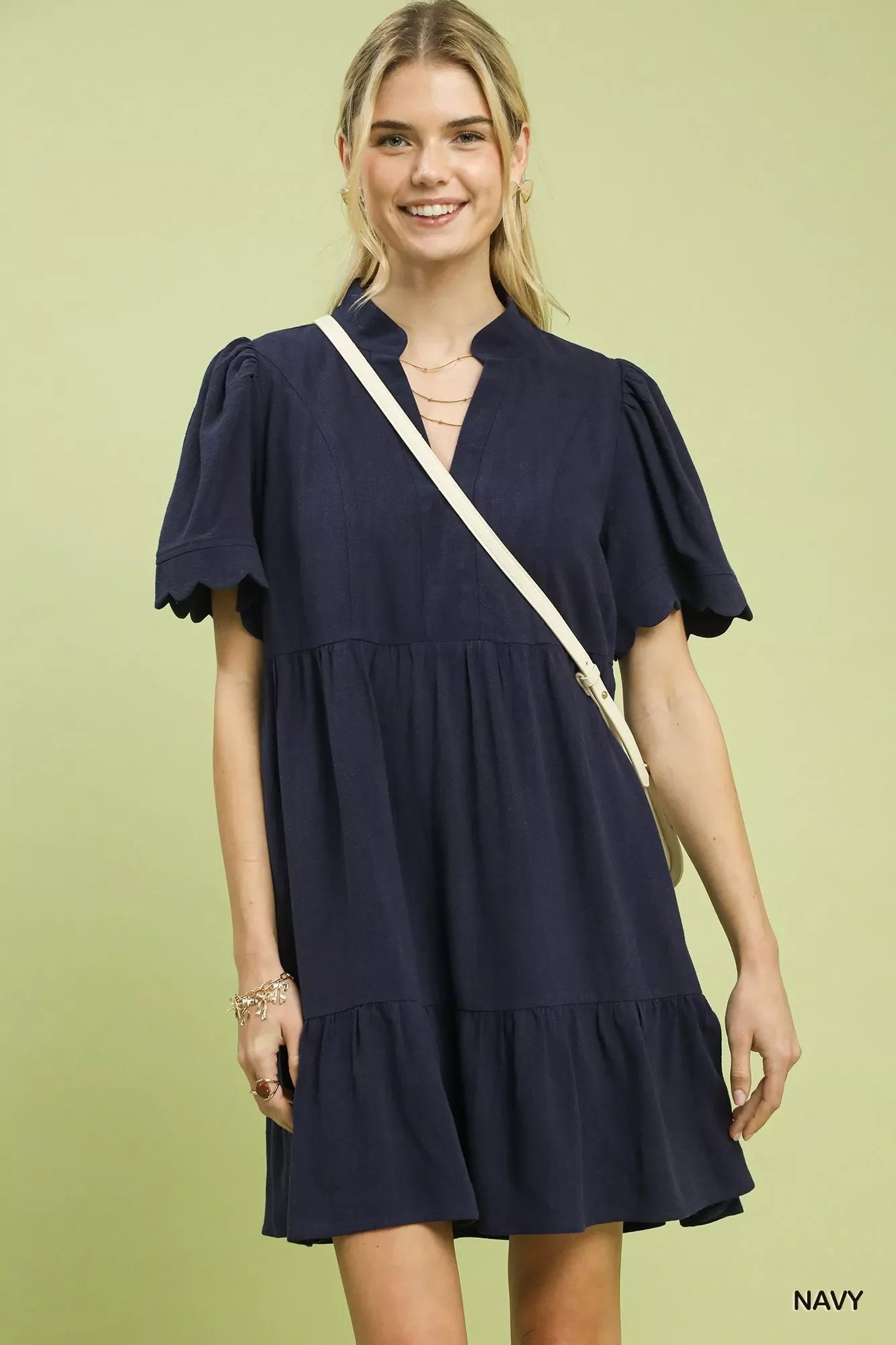 Linen Tiered Babydoll Dress with Scalloped Sleeves