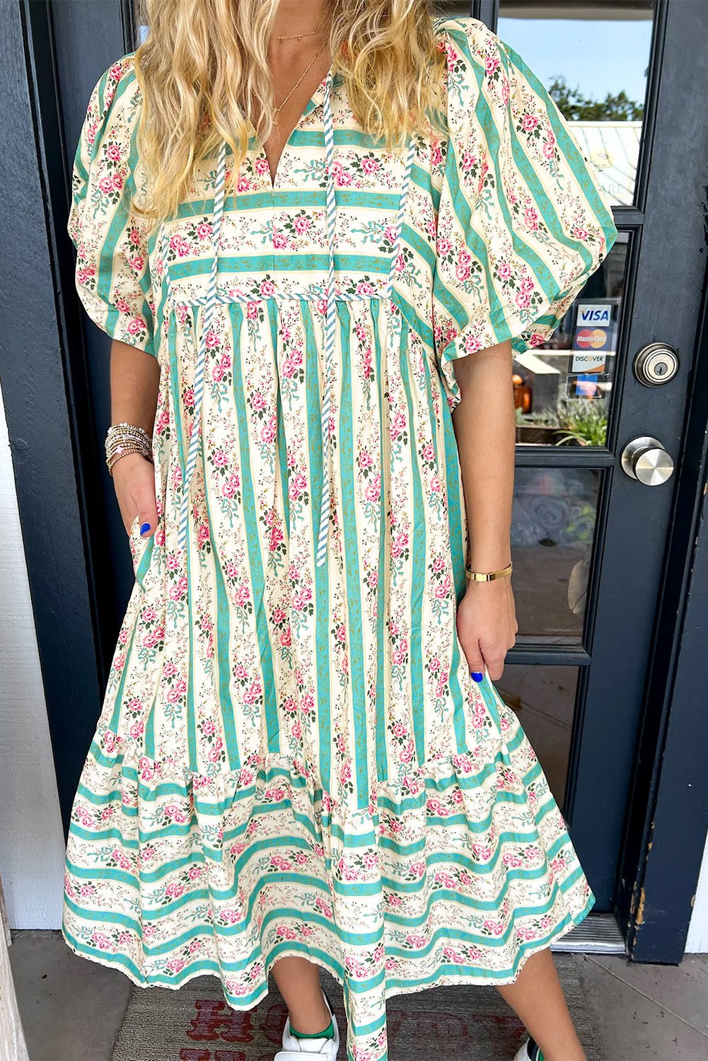 Multicolour Striped Floral Print Tie Split Neck Puff Sleeve Midi Dress - Loving It Shop