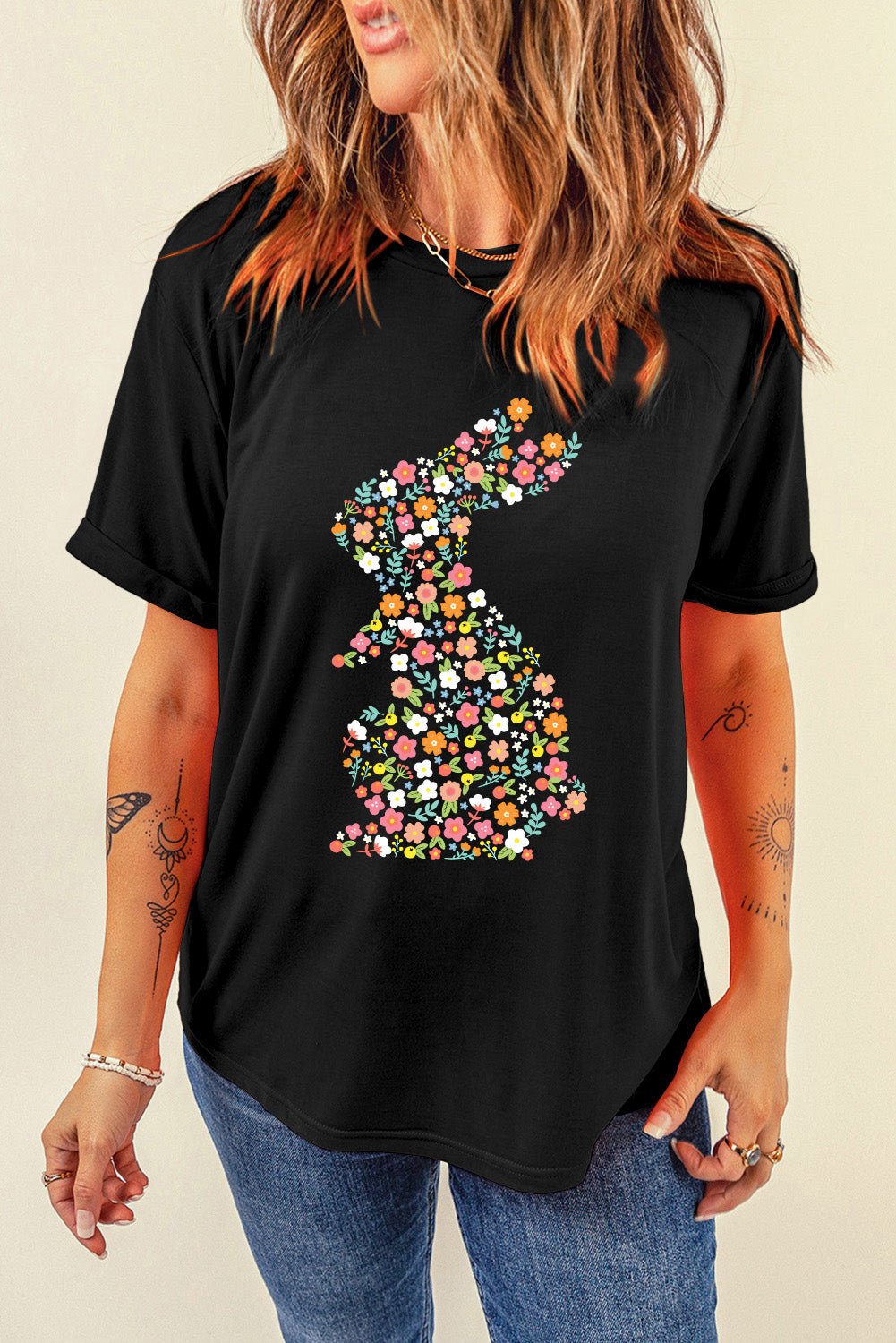 Black Colorful Floral Bunny Graphic Easter T Shirt - Loving It Shop