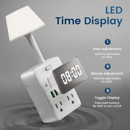 11-in-1 Multifunctional Power Strip with Desk Lamp, Clock, USB Ports &amp; Surge Protection