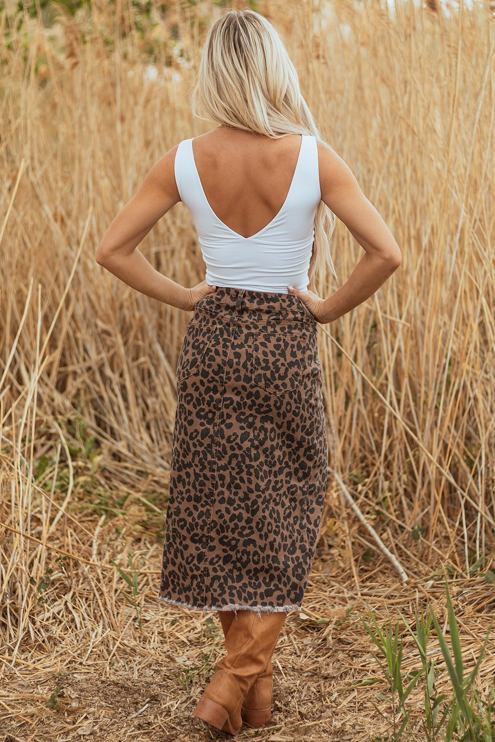 Brown Leopard Denim Frayed Split Denim Midi Skirt - Loving It Shop