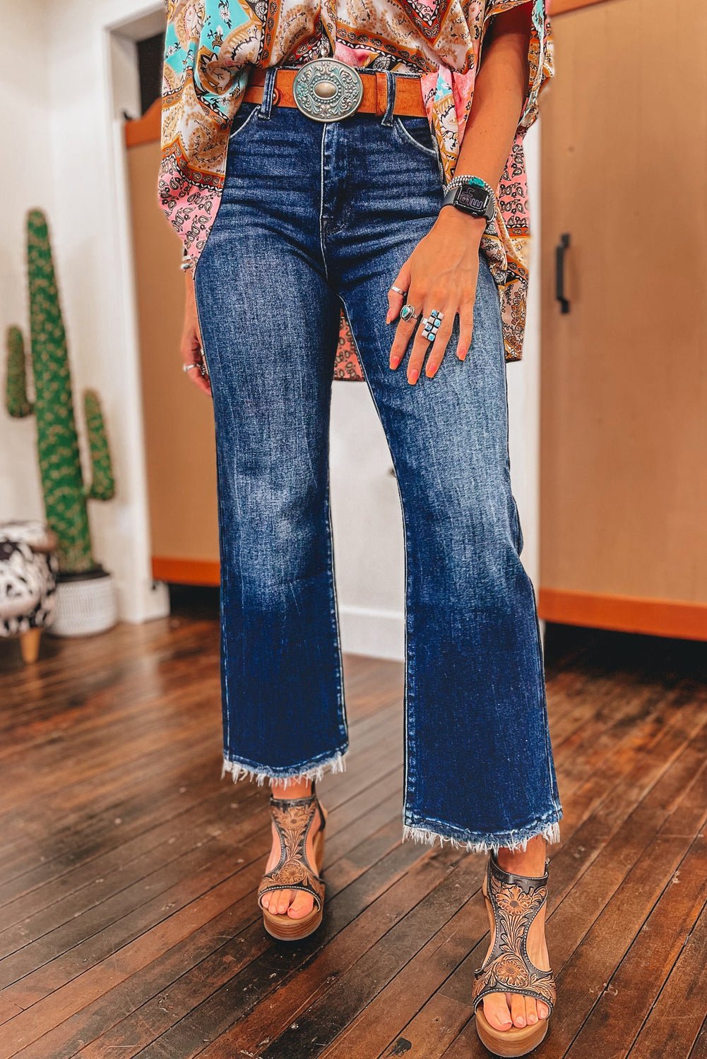 Sail Blue Mineral Wash Raw Hem High Waist Flared Jeans - Loving It Shop