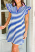 Dark Blue Stripe Print Contrast Collar Split Neck Flutter Sleeve Short Dress - Loving It Shop