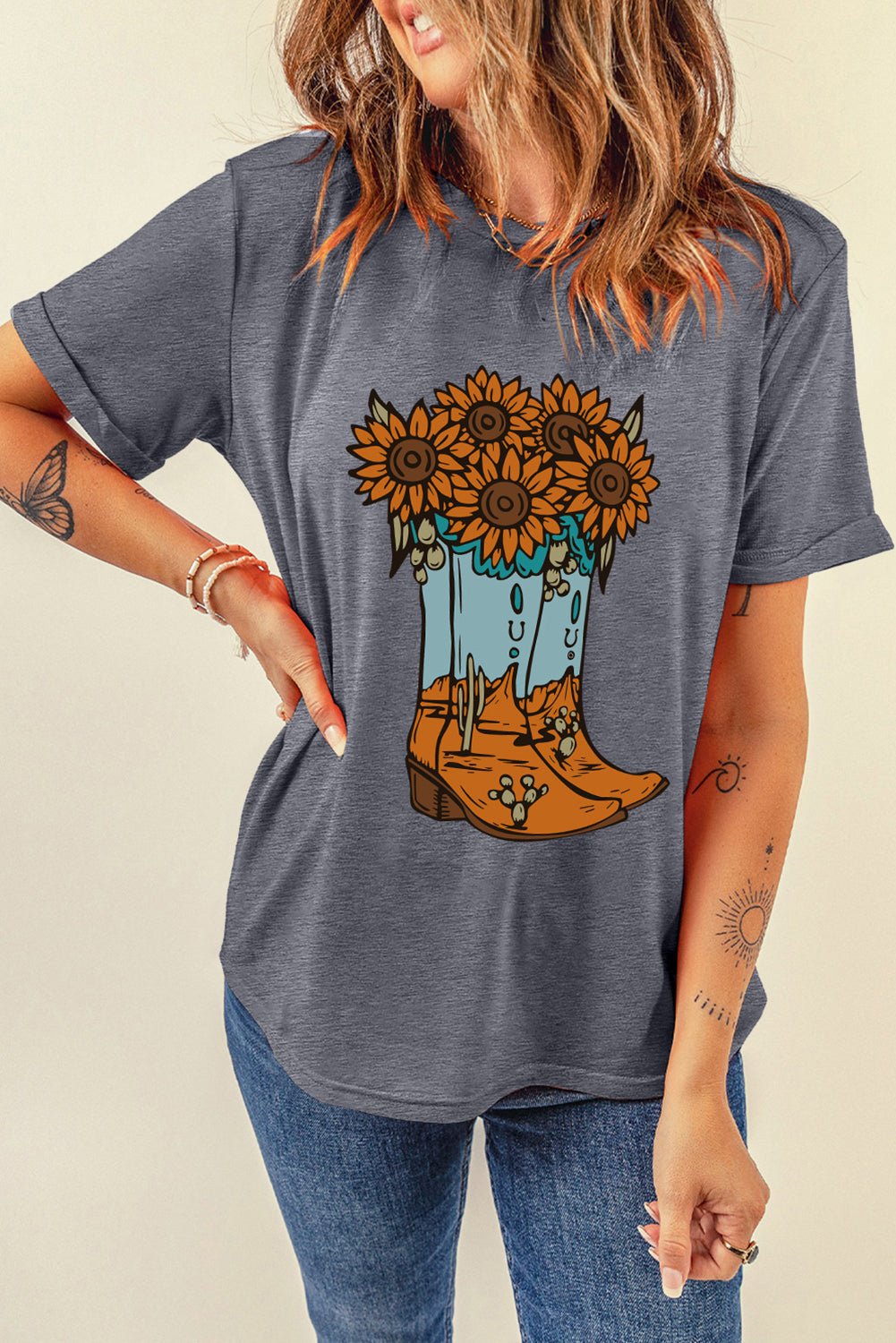 Gray Sunflower Cowgirl Boots Print Western Fashion T Shirt - Loving It Shop