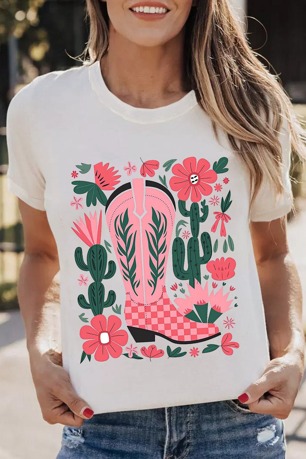 White Western Boots Flower Print Round Neck T Shirt - Loving It Shop