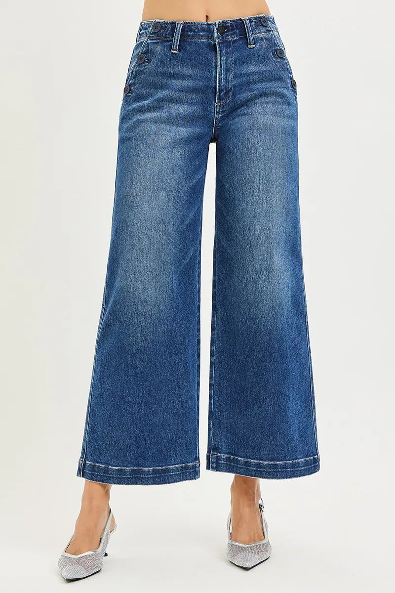 High Rise Wide Leg Jeans With Pocket Button Detail