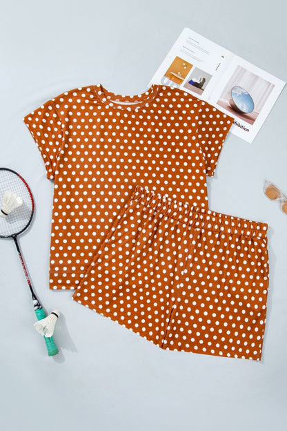 Brown Polka Dot Print Dropped Shoulder Tee Plus Size Short Set - Loving It Shop