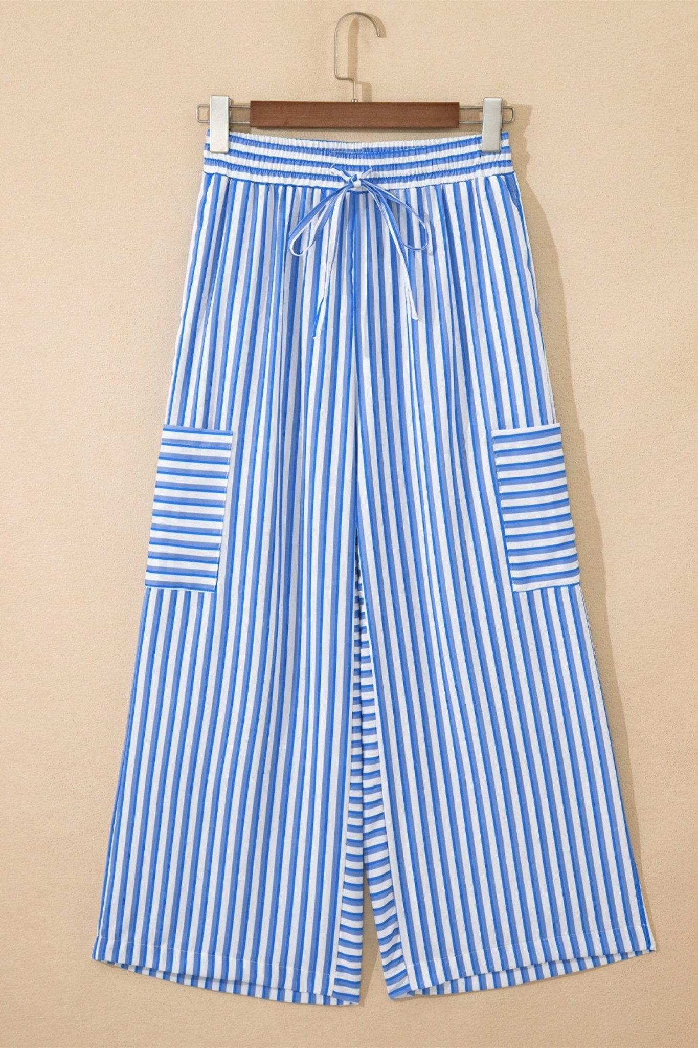 Sky Blue Stripe Drawstring Elastic Waist Patch Pocket Wide Leg Ankle - length Pants - Loving It Shop