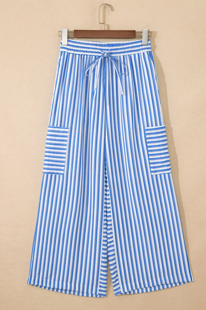 Sky Blue Stripe Drawstring Elastic Waist Patch Pocket Wide Leg Ankle - length Pants - Loving It Shop