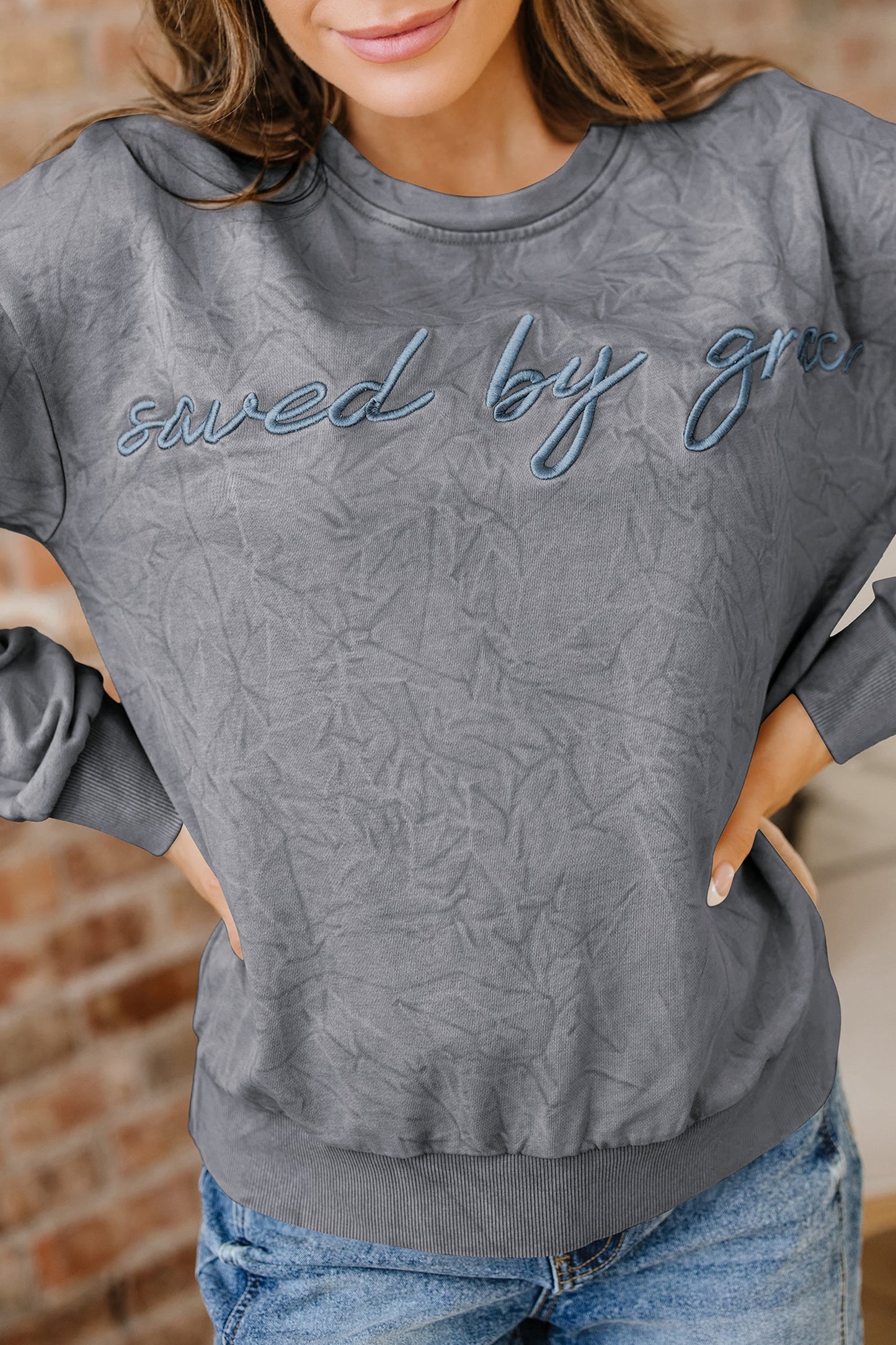 High-rise saved by grace Letter Embroidery Mineral Wash Loose Sweatshirt