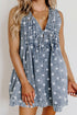 Sky Blue Polka Dot Print Tie V Neck Pleated Loose Denim Romper - Loving It Shop