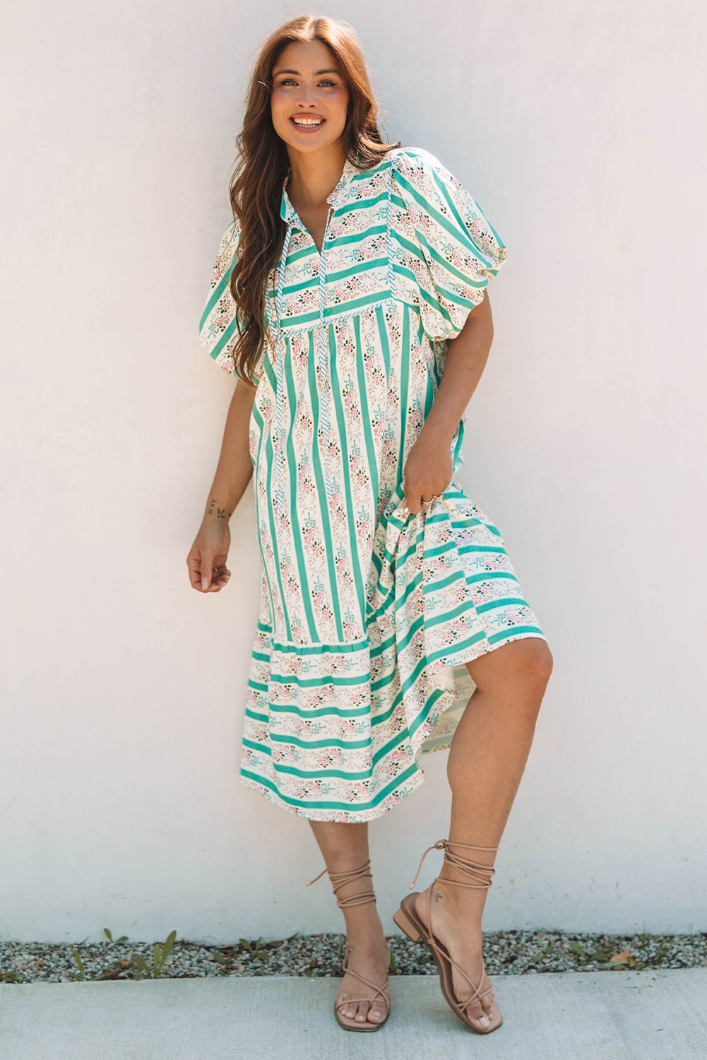 Multicolour Striped Floral Print Tie Split Neck Puff Sleeve Midi Dress - Loving It Shop