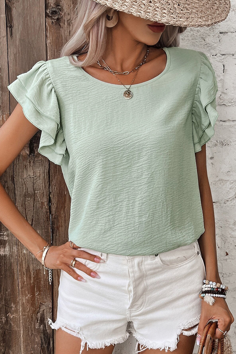 Mist Blue Solid Color Ruffle Sleeve Crinkled Blouse