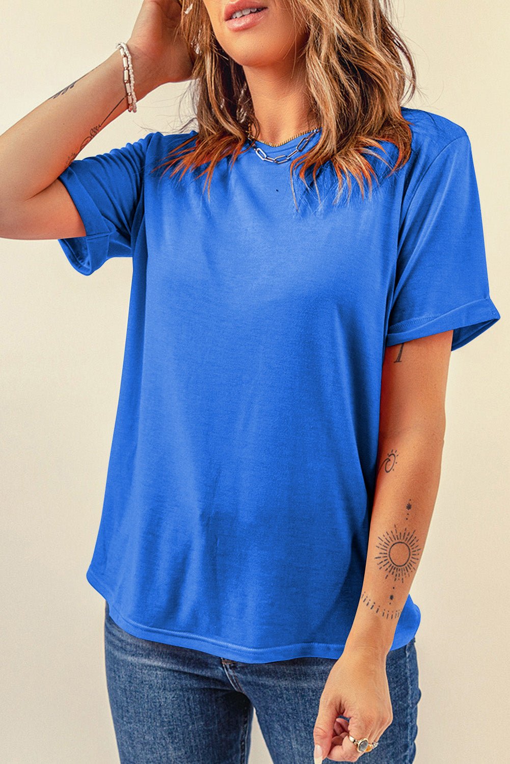 Dark Blue Casual Plain Crew Neck Tee - Loving It Shop