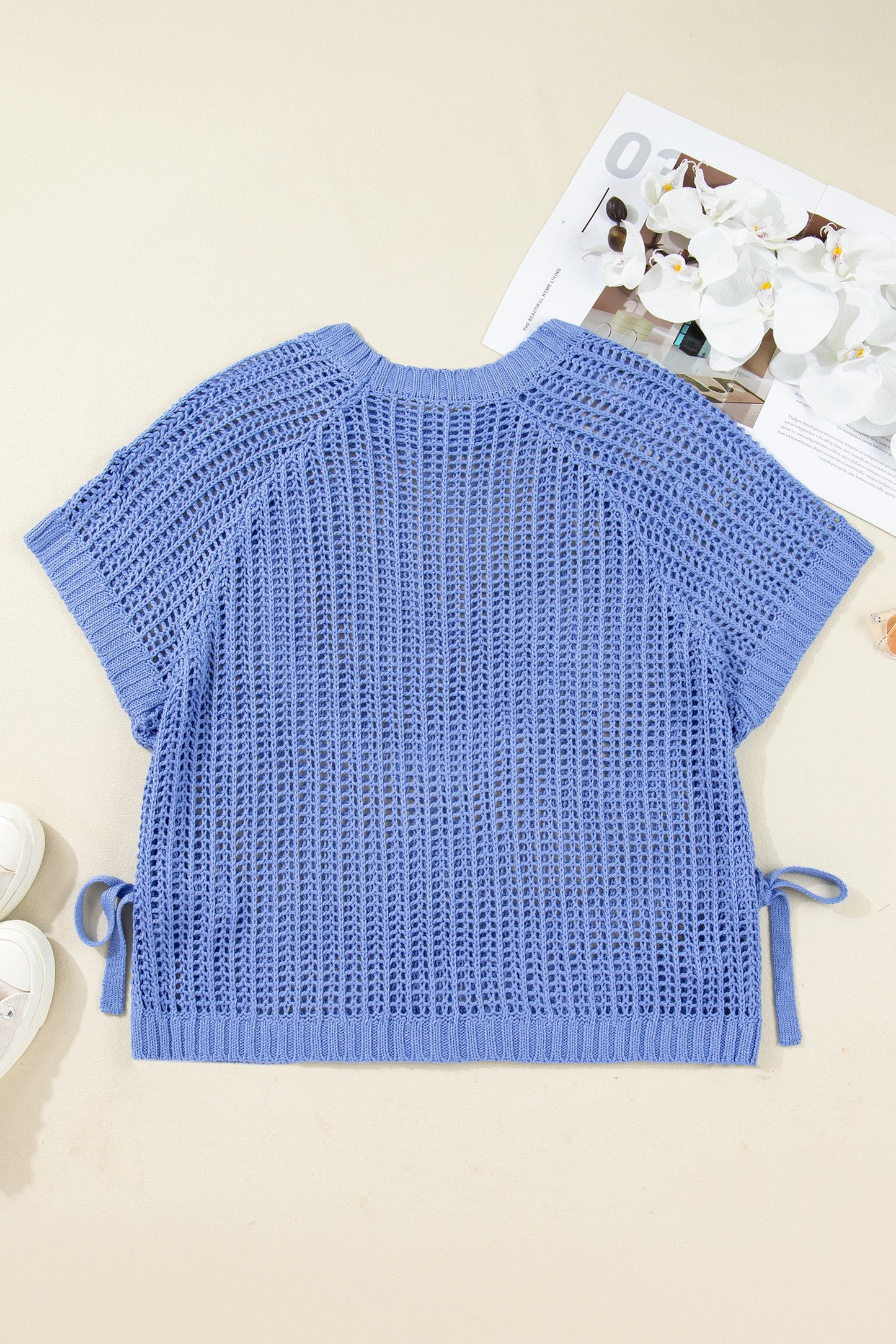 Plus Size Open Knit Bow Tie Short Sleeve Sweater