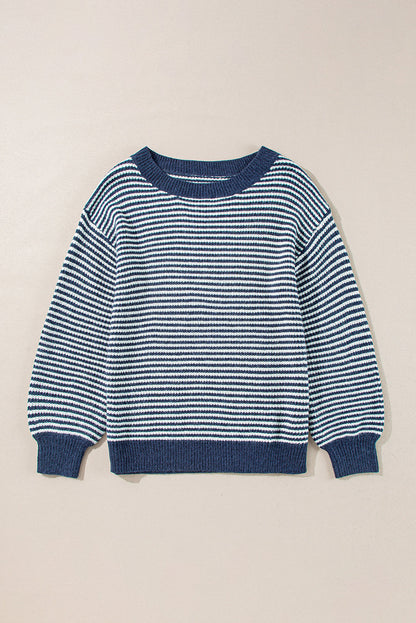 Sail Blue Striped Lantern Sleeve Drop Shoulder Cozy Sweater