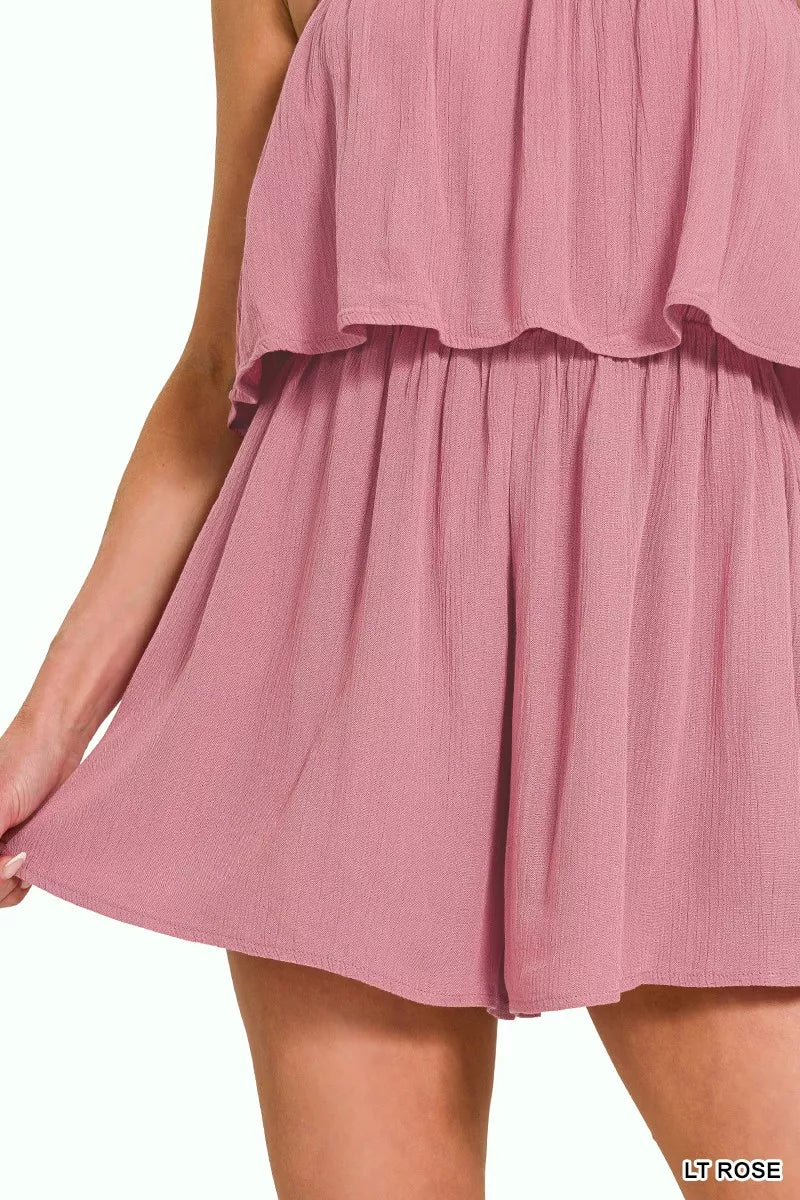 Woven Crinkle Strapless Rompers
