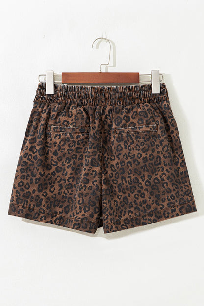 Brown Leopard Print Elastic Waistband Drawstring Denim Skort - Loving It Shop