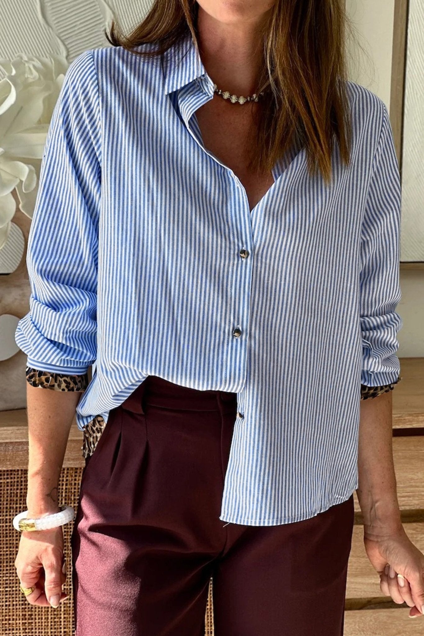 Sky Blue Stripe Contrast Frilled Leopard Trim Casual Long Sleeve Shirt - Loving It Shop