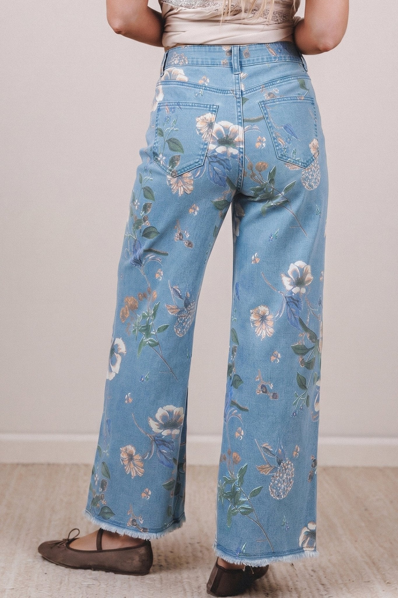 Sky Blue Retro Floral Print Frayed Hem Shift Jeans - Loving It Shop