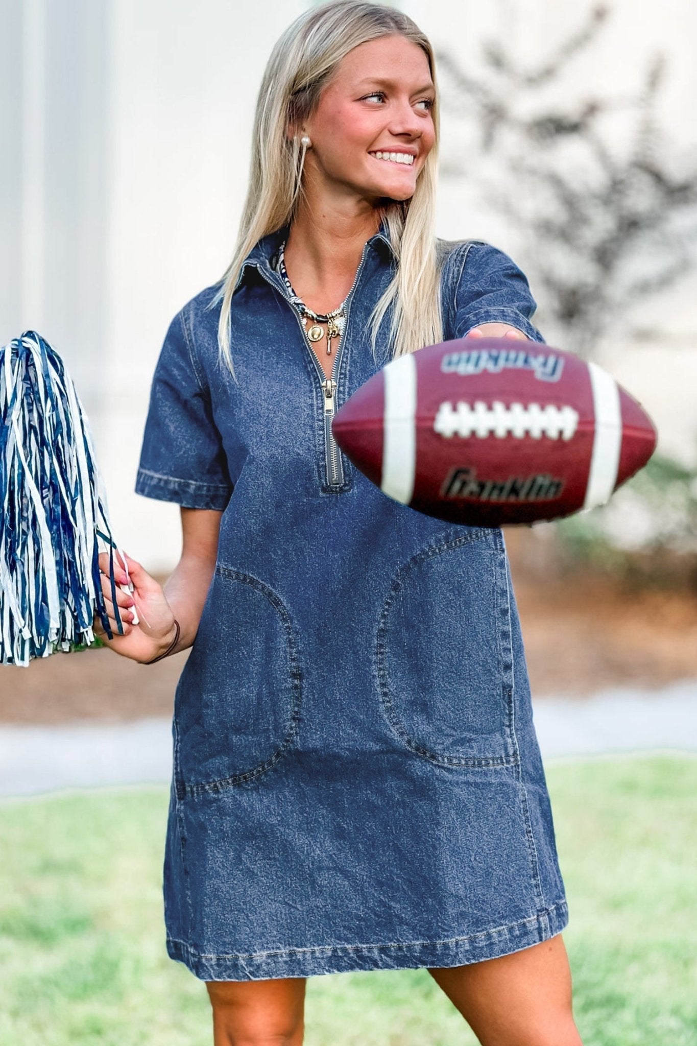 Blue Zip up Collared Short Sleeve Shift Mini Denim Dress - Loving It Shop