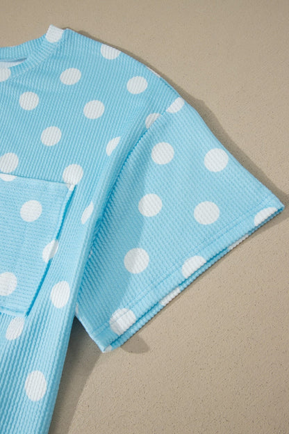 Sky Blue Twisted Rib Polka Dot Print Plus Size T Shirt - Loving It Shop