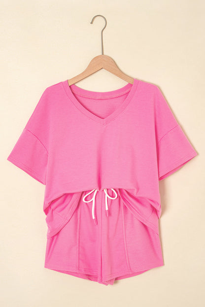 Bonbon V Neck Drop Shoulder Tee and Patchwork Drawstring Shorts Set