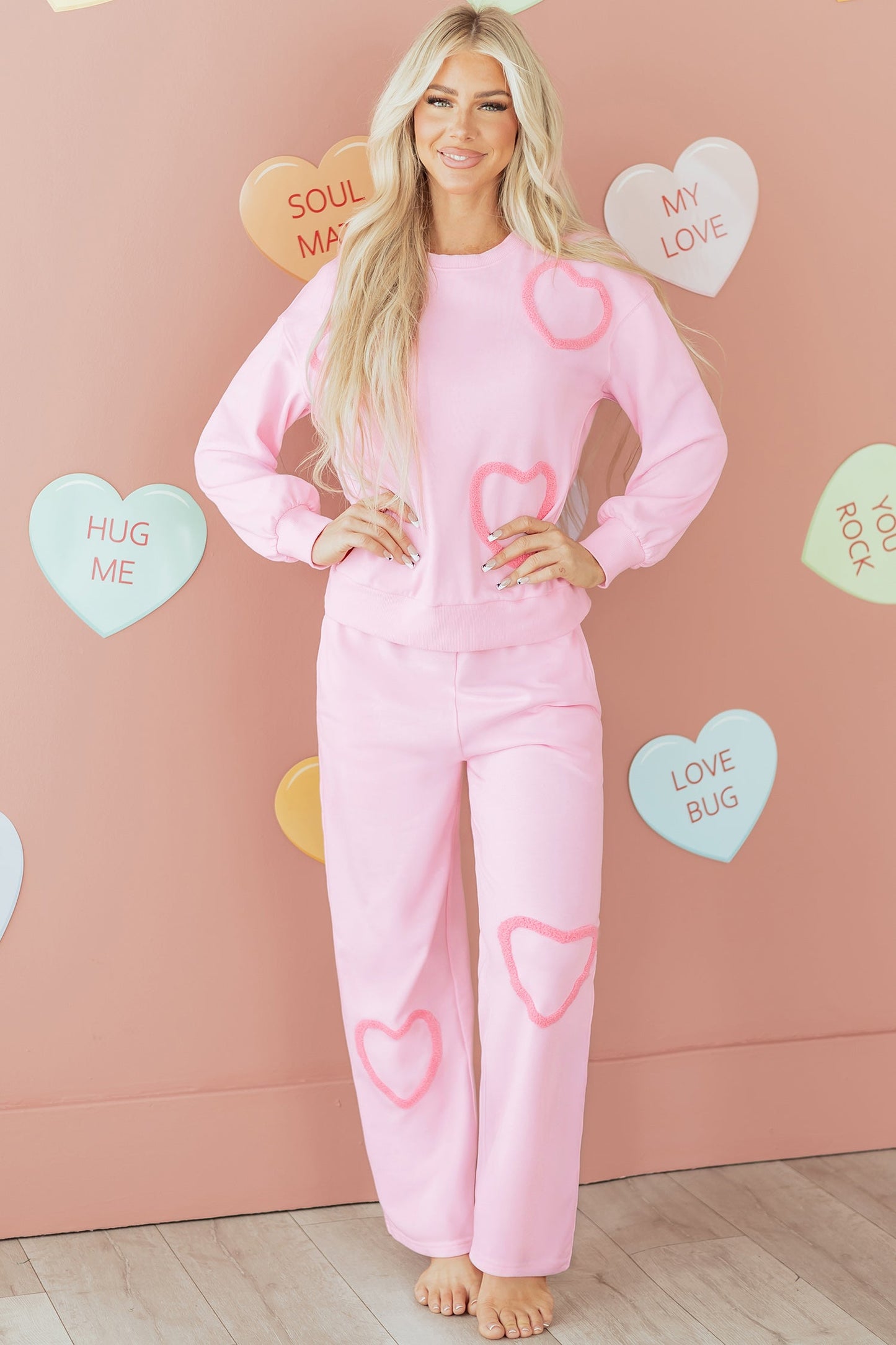 Phalaenopsis Chenille Heart Pattern Casual 2pcs Pants Set