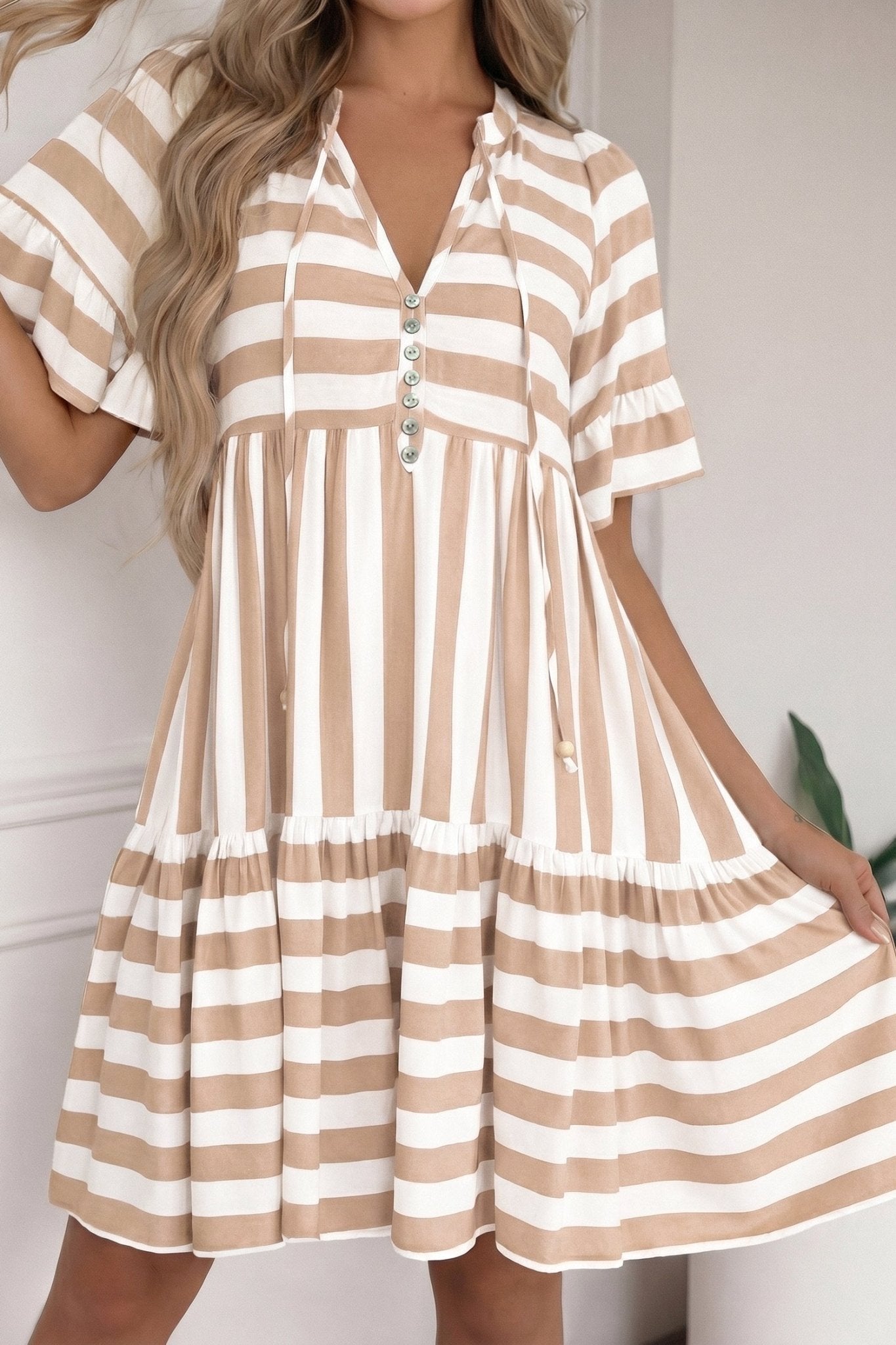 Khaki Stripe Tie V Neck Ruffle Trim Short Sleeve Flared Summer Dress - Loving It Shop