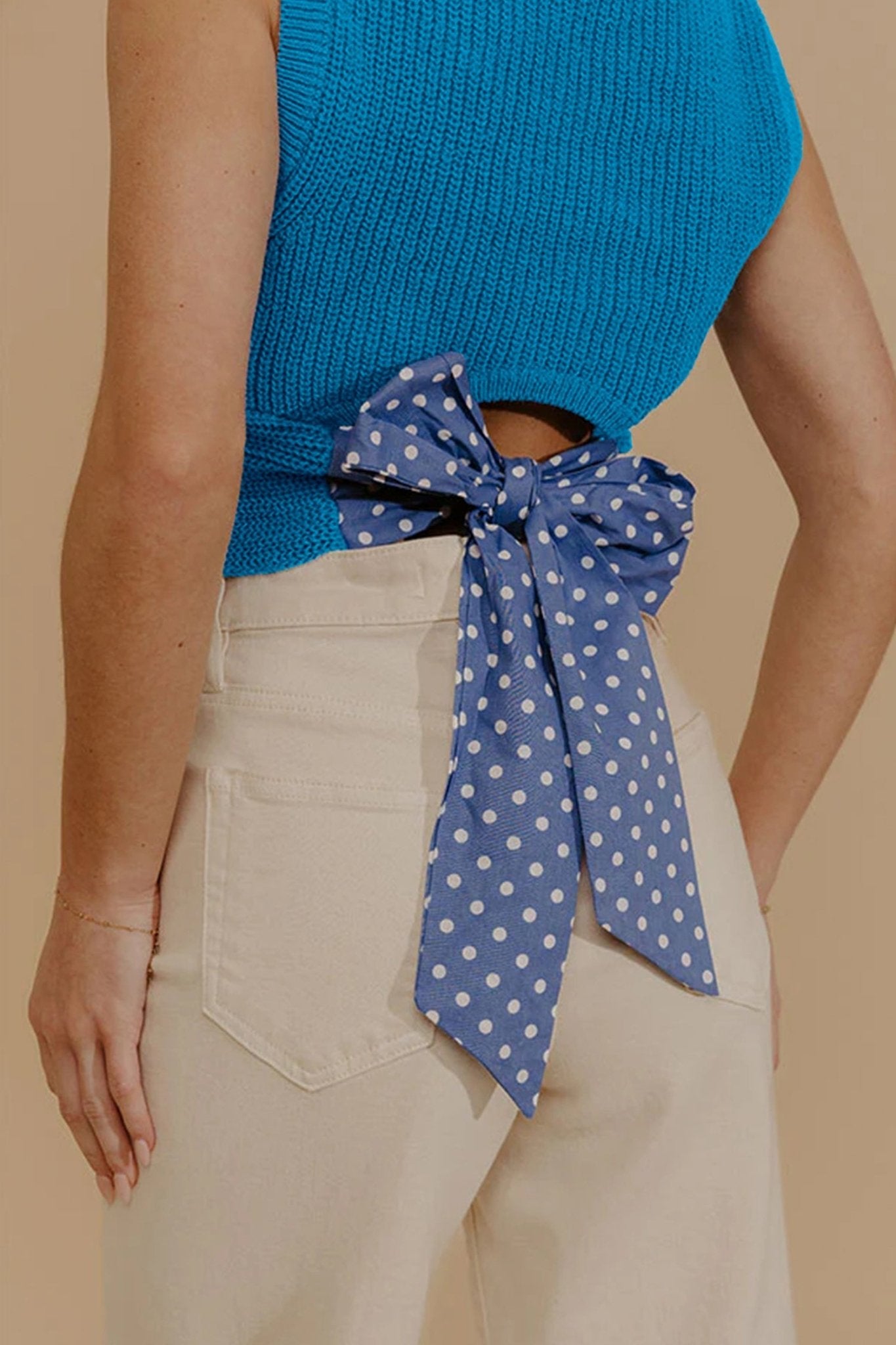 Myosotis Slim Knit Polka Dot Knot Back Cropped Sweater Tank - Loving It Shop