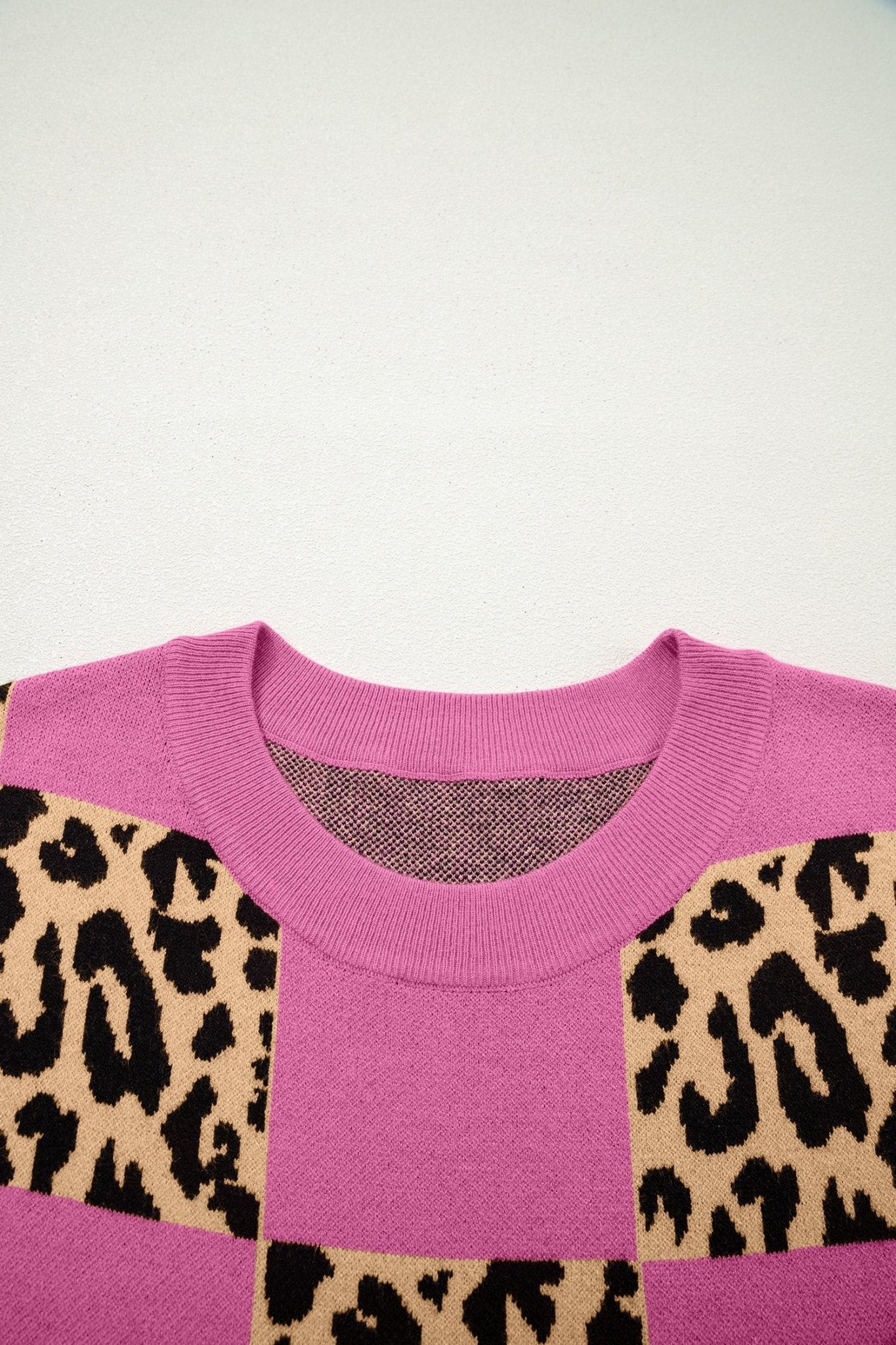 Rose Red Leopard Checkerboard Short Sleeve Knit Sweater - Loving It Shop